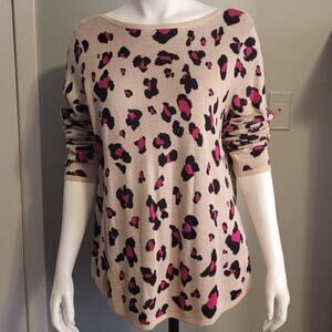 Chico’s Leopard Print Rayon Top Sz L (2) Pink Tan Animal Print Pullover Blouse